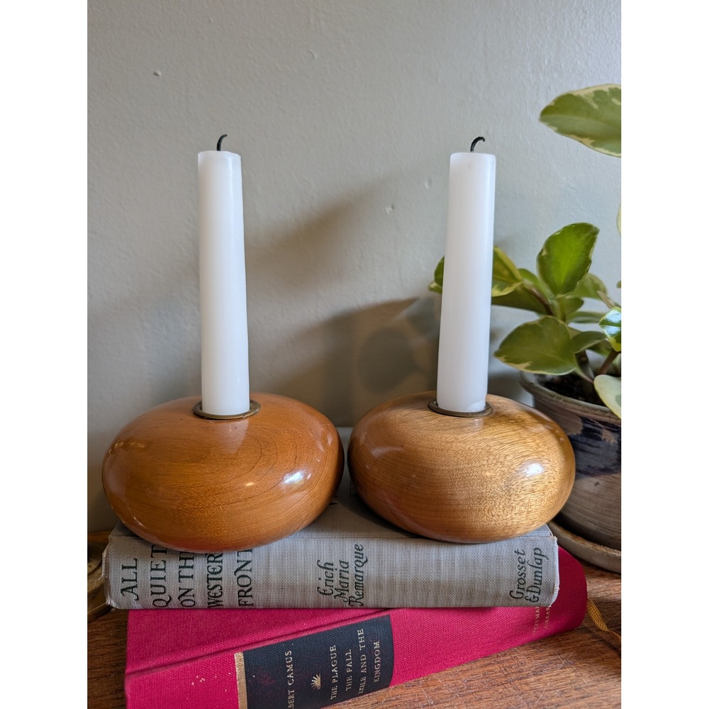 Vintage MCM Myrtlewood Hand‎ Turned Wood Taper Candle Holders Set of 2